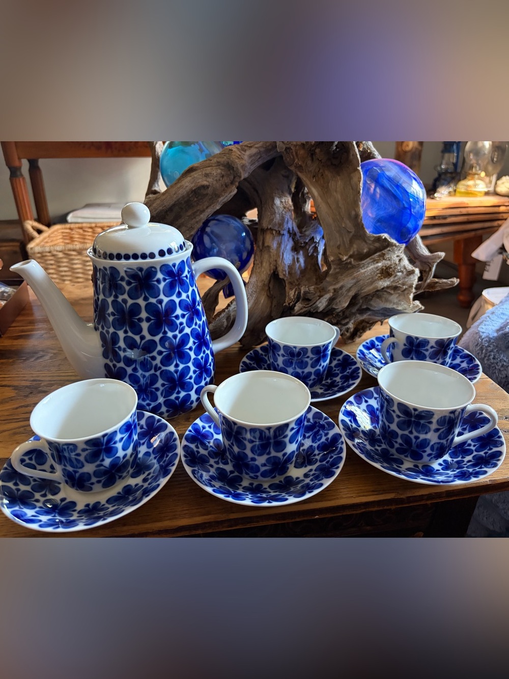 Rorftrand Blue Floral Porcelain Coffee Pot with Cup & Saucer set